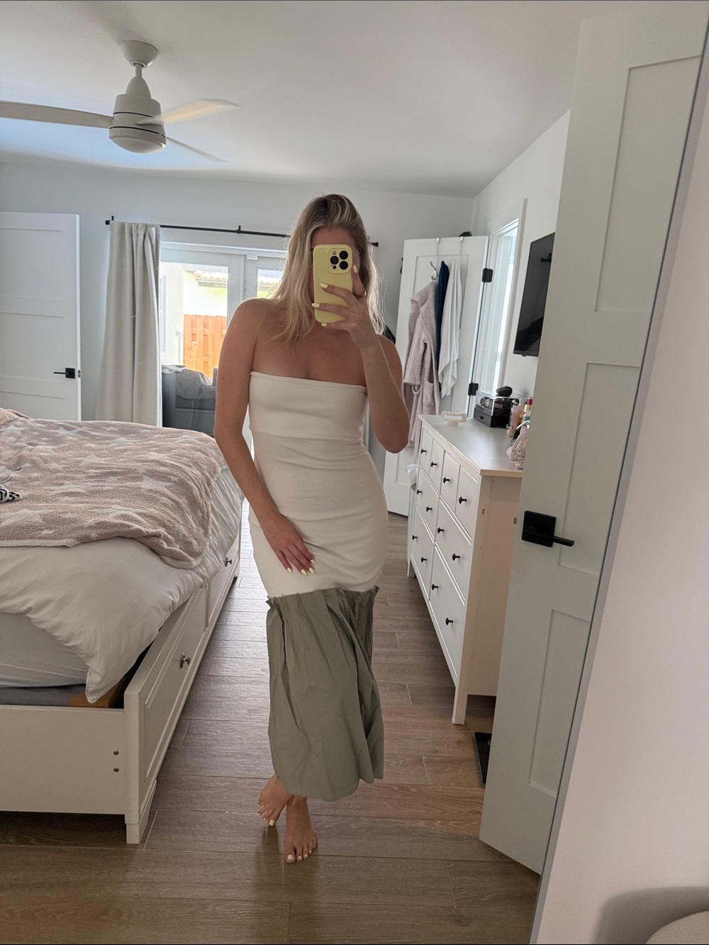 Zara Strapless Two-Tone Midi Dress in White and Olive